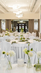 Decoration of a banquet hall. round table with a white tablecloth, table setting, white and green colors, flower arrangement, light space, rose, dahlia, anthurium, necklace, eustoma, cloth napkins