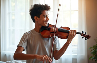 Young Indian boy plays violin with joy in cozy bedroom. Smiles, happy practicing music instrument at home by window. Teenager learns skill, develops musical talent during leisure time. Student enjoys