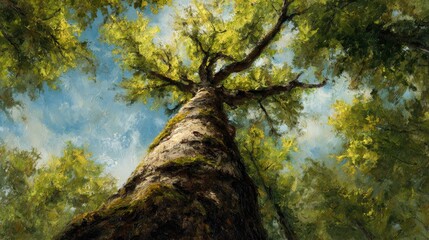 Obraz premium Low angle view of a large tree with green leaves against a cloudy sky