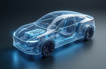 Transparent 3D render shows electric car internal components. Engine, battery, chassis, seats visible with blue glow. Visual concept illustrates future auto tech, innovative design. Modern vehicle