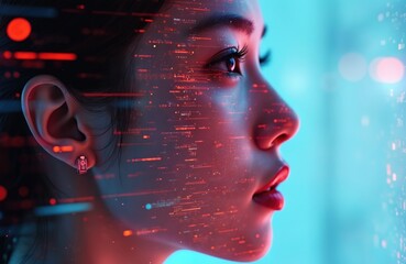 Side portrait of asian woman with digital network overlay. Data visualization, technology concept. Artificial intelligence, big data processing, innovative tech. Futuristic digital face scans,