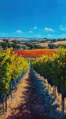 Colorful vineyard landscape under clear blue sky in countryside