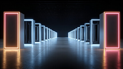 Minimalist data center corridor featuring abstract neon blocks, illuminated by vibrant lights, creating a futuristic atmosphere with sleek lines and reflective surfaces