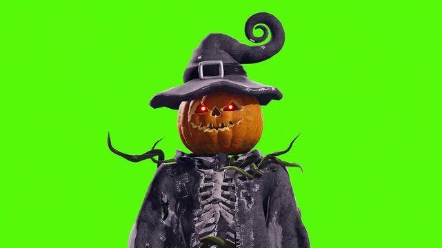 Funny pumpkin Jack-o'-lantern with skeleton body in old torn robe talking on green screen. Halloween 3D animation for greeting cards, invitations, posters, events, parties