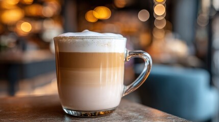 Close up of creamy latte in a clear glass mug with warm bokeh background