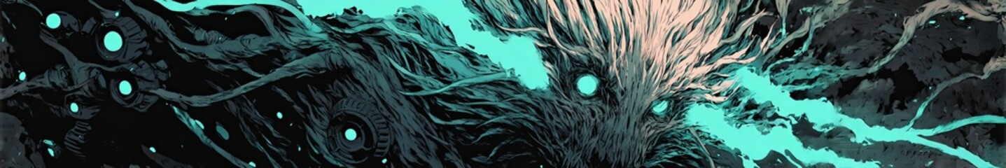 Abstract mystical creature with glowing eye. Dark ethereal entity and spiritual being. Fantasy art for horror and mystery concept.