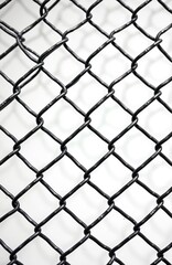 Naklejka premium Black metal chain link fence with diamond pattern. Interconnected wire mesh texture on white background. Security barrier with grid structure. Industrial wire netting for protection and safety.