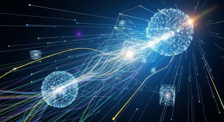 A stunning digital visualization of quantum entanglement, featuring interconnected glowing spheres, energy waves, and data streams, representing advanced physics, science, and futuristic technology.

