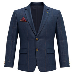 Fototapeta premium Elegant navy plaid suit jacket with patterned pocket square.