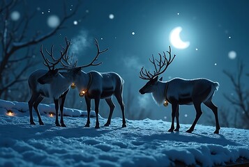 Majestic reindeer stand in a snowy forest under a bright crescent moon and falling snowflakes creating a magical winter wonderland scene