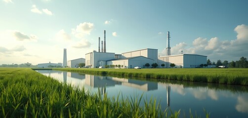 Modern industrial factory buildings with chimneys, warehouses in green field with pond, grass. White manufacturing facility, storage buildings in eco friendly tech park. Sustainable industry