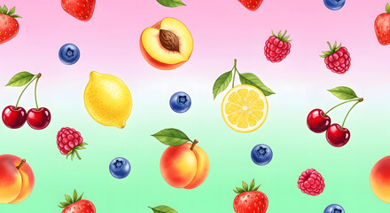 Seamless pattern background of colorful fruits like cherries, lemons, peaches, and berries floating in a dreamy gradient from pink to green. Whimsical and tropical vibe, watercolor style with soft edg