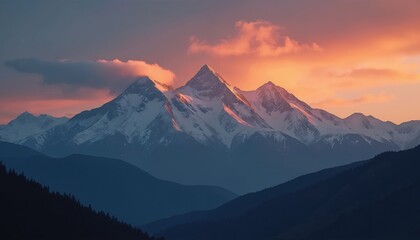 Majestic snow capped mountains bathed in vibrant orange sunset light. Calm atmosphere and dramatic clouds fill the sky over serene landscape.