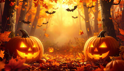 Glowing jack-o'-lantern pumpkins in a magical autumn forest with falling leaves and flying bats, creating a spooky Halloween night atmosphere.