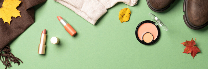 Autumn cloth and accessories at white background.