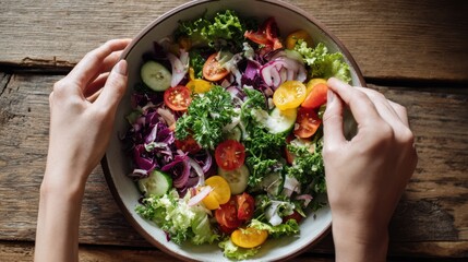 Fresh vegetable salad with tomatoes, cucumbers, and lettuce on rustic table