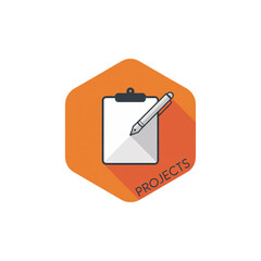 Clipboard and Pen Icon with Orange Hexagon and Projects Text writing document isolated on a transparent background