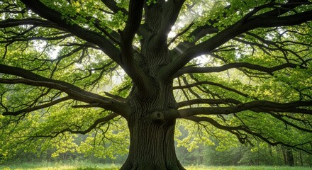 A majestic, ancient tree with sprawling branches and lush green leaves stands in a sunlit clearing, symbolizing strength, growth, and the enduring beauty of nature in a peaceful forest setting.

