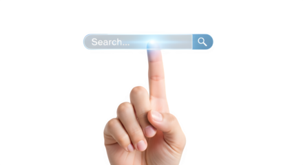 A human finger pointing to a search bar on a transparent background, symbolizing online search and information retrieval