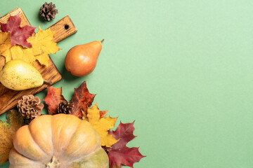 Pumpkin, fruits, spikelets and fallen leaves on color background.