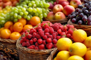 Fresh fruits are arranged in woven baskets at a local market. There are vibrant strawberries, green and purple grapes, oranges, and apples. The scene captures the essence of a lively market day