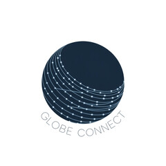 Dark blue sphere with glowing white dots and connecting lines and text GLOBECONECT on black background isolated on a transparent background