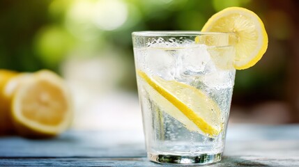 Refreshing lemonade with ice in a glass on a wooden table