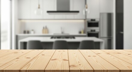 A clean wooden tabletop in the foreground of a stylish, modern kitchen with sleek appliances, minimalistic design, and soft lighting, perfect for cooking, dining, and gathering at home.

