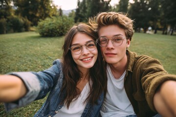 Naklejka premium A young couple with glasses poses for a selfie in a lush green park. They are enjoying a sunny day, smiling and capturing a fun moment together