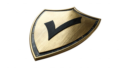 Golden shield with a black checkmark symbol isolated on transparent background