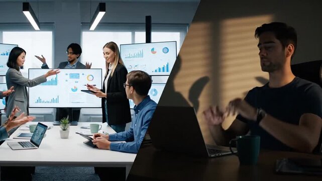 A Split-Screen View of Modern Business Dynamics: A collaborative meeting and an individual focused on work.