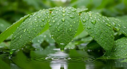 Green leaves adorned with glistening water droplets hang above a reflective water surface, creating a tranquil scene that emphasizes the harmony and serenity of nature after rainfall.

