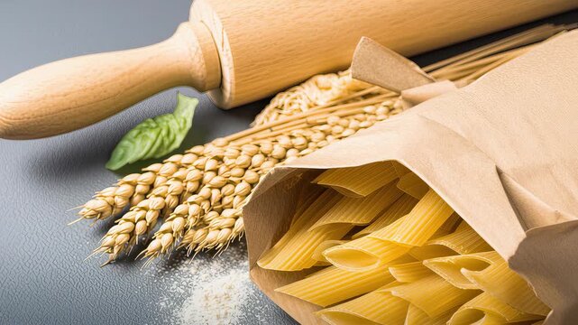 Kraft Paper Bag Holds Pasta and Wheat on a Kitchen Counter With Baking Tools