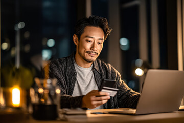 Male individual is seated at a desk, using smartphone and laptop, surrounded by warm lighting, reflecting a contemporary lifestyle and digital engagement