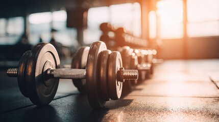 Close up of dumbbells in a gym setting highlighting fitness equipment and training atmosphere