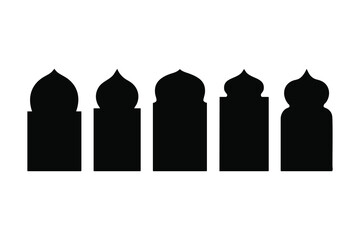 Five isolated black mosque window silhouettes stand arranged closely together on the white background
