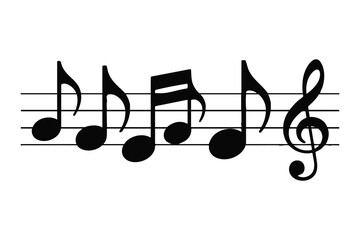 Black musical notes with treble clef sitting on a white staff create artwork