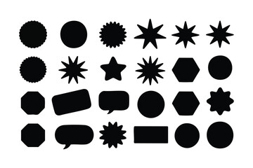 Collection of black geometric shapes like stars, circles, and speech bubbles against white