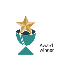 Fototapeta premium Golden star inside a teal trophy cup with text 