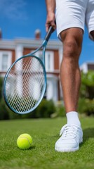 Caucasian male preparing for tennis serve on grass court in sunny day
