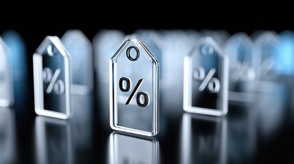 Transparent tags with percent symbols on black background representing discounts