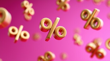 Golden percentage symbols floating on vibrant pink background illustrating discounts and finance