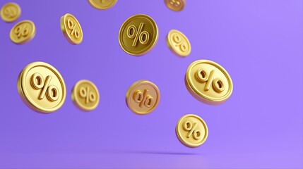 Floating golden percentage signs on purple background highlighting financial and economic growth