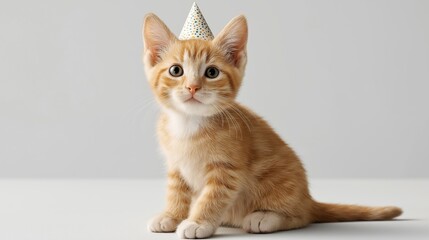 Obraz premium Adorable Ginger Kitten Celebrating with a Party Hat on a Clean White Background, Capturing the Spirit of Fun and Playfulness in Festive Moments