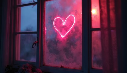 Bright neon pink heart glows on steamy windowpane at night. Colorful lights reflect on foggy glass, creating warm romantic mood inside cozy home. Outside dark, cold winter evening, inviting warmth.