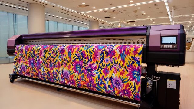 Large format textile printer in motion creating vibrant fabric patterns in professional printing technology video