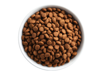 Fototapeta premium Round white bowl filled with small, brown, dry pet food pellets