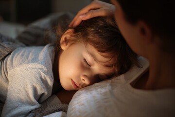 A child rests soundly on an adults chest in a dimly lit, cozy bedroom. The scene captures a moment of serenity, love, and comfort between them