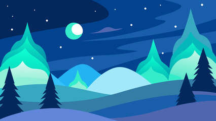 Fototapeta premium A serene winter night landscape with snow, featuring a Christmas forest scene under a starry blue sky and moon