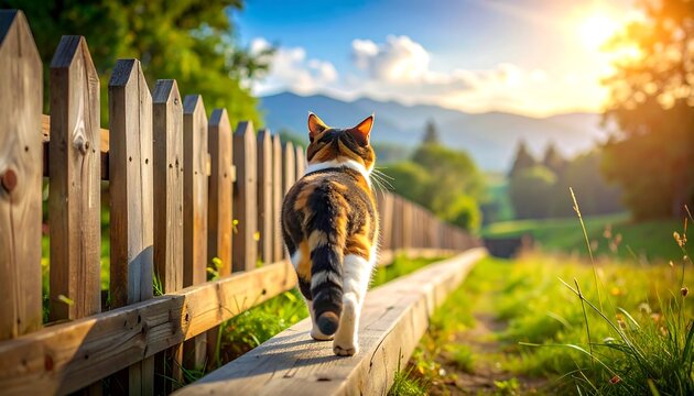 A tricolor cat walks along a wooden beam, balancing beside a rustic fence in a sun-drenched meadow, mountain views in the background